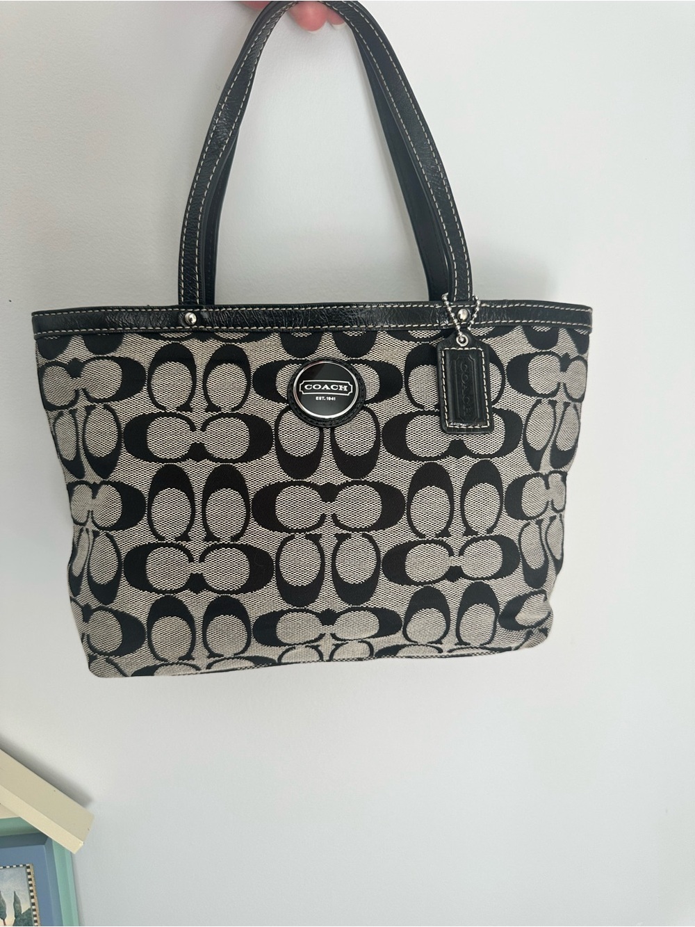 Mini Coach Canvas Signature Tote in Black and Cream